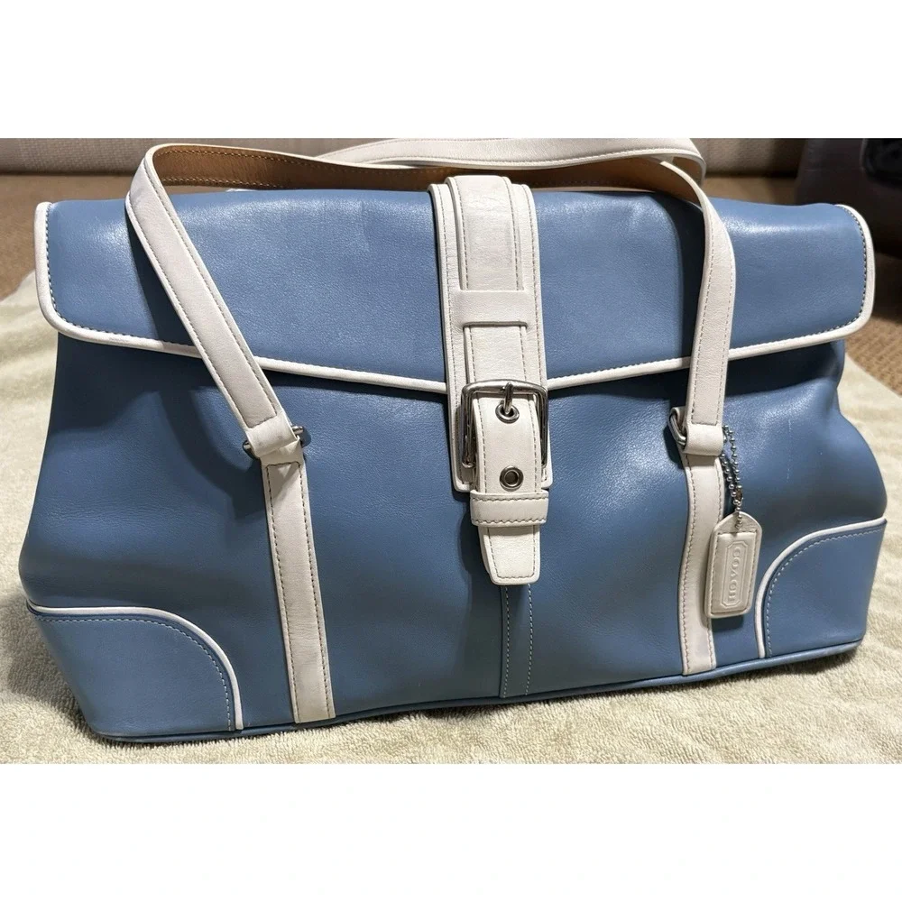 Coach Hamptons Magnetic Flap Satchel Blue White Leather Bag Purse Y2K Vintage